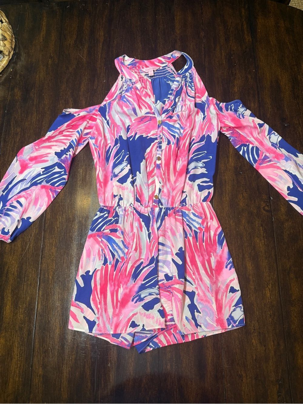 Lilly Pulitzer Pink & Blue Tropical Cold-Shoulder Romper 100% Silk